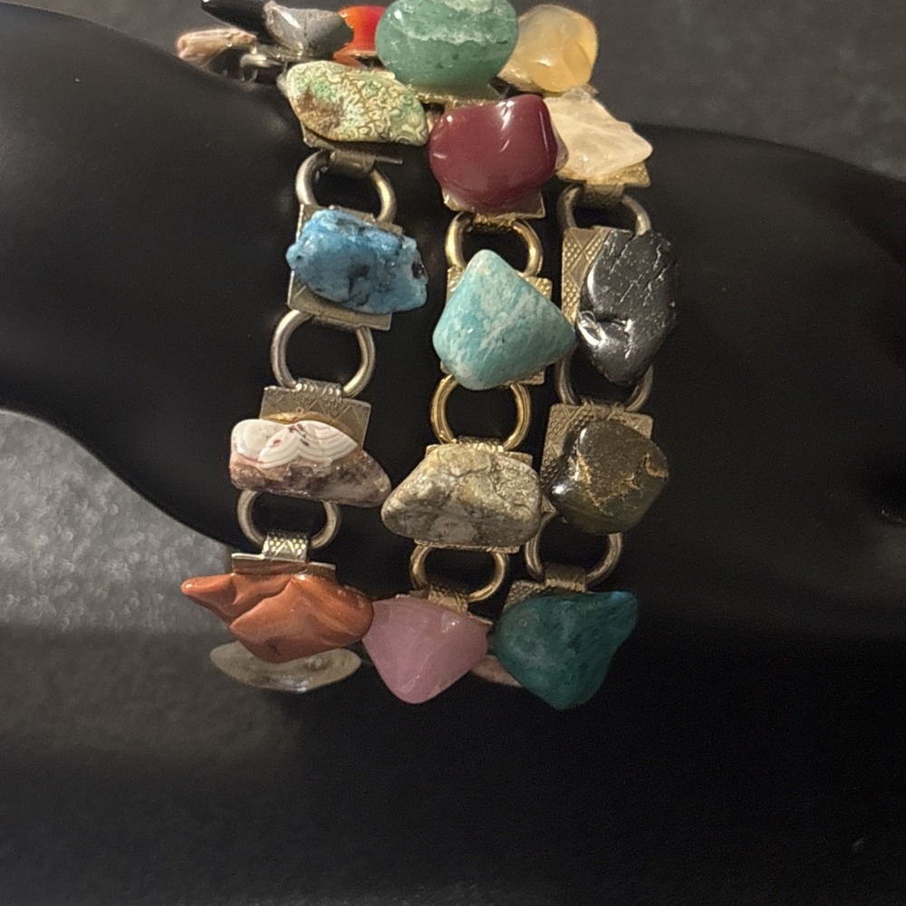 Vintage Three Multi Gemstone Semiprecious Link Bracelets Layering Southwestern